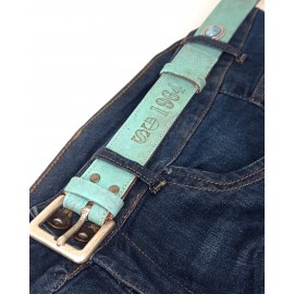 Cinturón SG1964 cuero vegetal envejecido turquesa abalorio azul.