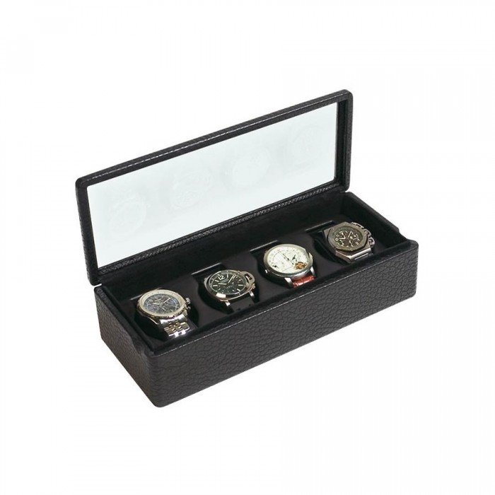 Caja con tapa de cristal para 4 relojes especiales en almohadillas flexibles